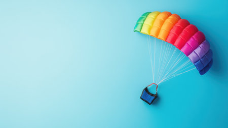 A vibrant and colorful parachute hovers in a clear blue sky, symbolizing adventure and freedom. Ideal for travel and outdoor themes.の素材
