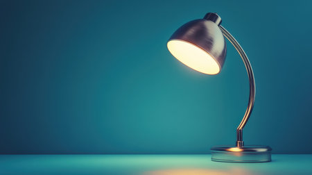 A modern desk lamp casts a warm glow against a soft blue background, perfect for showcasing minimalist home and office decor ideas while enhancing any workspace ambiance.の素材