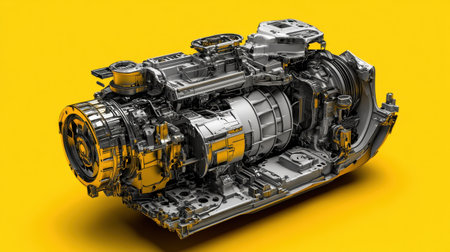 This high-resolution image presents a detailed mechanical engine in a metallic finish, against a vibrant yellow background, showcasing intricate components.の素材