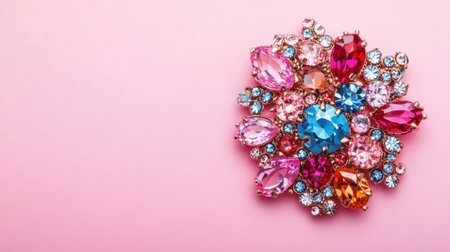 A beautiful vintage brooch featuring an array of colorful and sparkling gems set against a soft pink background, perfect for adding elegance to any outfit.の素材