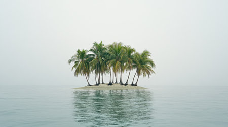 This tranquil image features a secluded tropical island, displaying lush palm trees reflected in calm, clear waters, perfect for evoking peace and relaxation.の素材