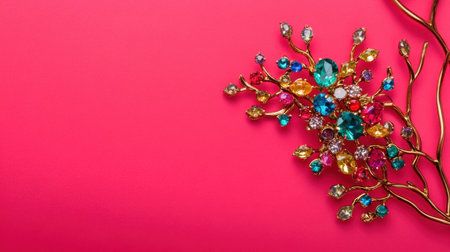 This stunning brooch features an elegant arrangement of colorful gemstones set against a vibrant pink background. Ideal for showcasing unique fashion accessories.の素材