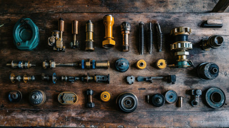 A stunning overhead view of various vintage mechanical parts laid out on a rustic wooden table, showcasing the intricate designs and textures of each piece.の素材