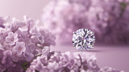 Captivating close-up of a brilliant diamond resting on a bed of lilac flowers, showcasing beauty and luxury against a soft purple background.の素材