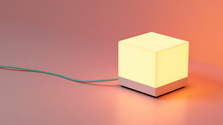 A striking modern cube lamp emits a warm glow against a soft pink backdrop. Featuring a colorful cord, this minimalist piece enhances any interior decor.の素材