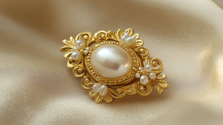 This exquisite vintage brooch features a central pearl surrounded by delicate floral designs, set against a luxurious satin fabric background.の素材