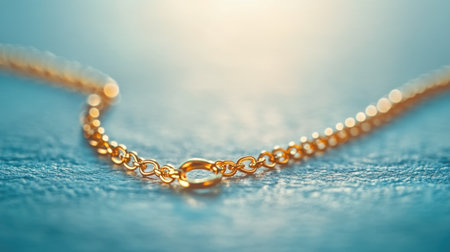 This stunning close-up showcases a gold chain delicately resting on a textured surface, highlighted by soft bokeh lights and warm reflections.の素材