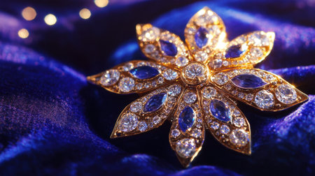 A stunning gold brooch featuring intricate designs adorned with blue gems and sparkling diamonds, set against a rich velvet backdrop, showcasing elegance.の素材