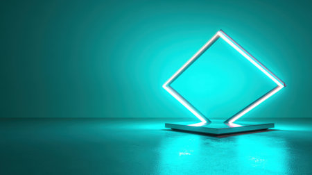 A striking abstract geometric shape stands out against a turquoise backdrop, illuminated by neon lights, creating a modern and minimalistic atmosphere.の素材