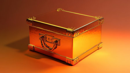 This image features a shiny golden metallic box with a reflective surface, set against a warm gradient background. Perfect for luxury themes.の素材