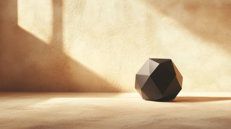 A striking geometric black sphere with sharp angles sits gracefully in soft light against a textured beige background, creating a warm and inviting atmosphere, perfect for modern and minimalist aesthetics.の素材
