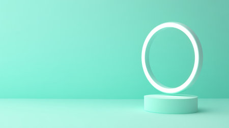 This minimalist image features a circular light display on a soft mint background, ideal for showcasing products in modern design settings and artistic concepts.の素材