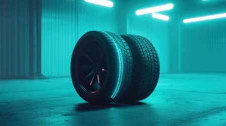 A visually striking composition featuring sleek sport car tires illuminated by vibrant neon lights in a dark garage. Ideal for automotive themes.の素材