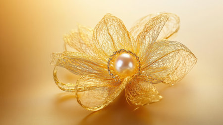 A beautifully crafted yellow flower with a pearl center set against a soft gold background, showcasing elegance and intricate design perfect for decoration.の素材