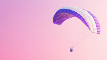 A stunning image of a solo paraglider gliding effortlessly through a soft pink sky, capturing the essence of adventure and freedom in stunning air sports.の素材