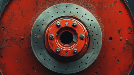 This image showcases a detailed view of a red brake rotor featuring holes and bolts on a dark background, ideal for automotive and mechanic projects.の素材