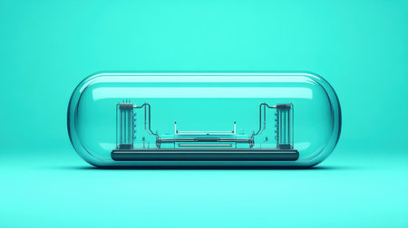 A stunning transparent capsule featuring intricate electrical components, perfect for showcasing innovation and technology in vibrant turquoise tones.の素材
