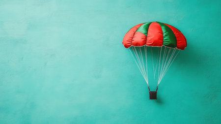 A colorful toy parachute featuring bright red and green colors against a vibrant turquoise background, perfect for playful and creative projects related to leisure and adventure.の素材