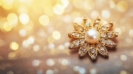 This stunning image captures an elegant golden brooch featuring a central pearl and surrounded by a soft, sparkling bokeh backdrop, perfect for showcasing luxury.の素材