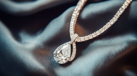 A stunning diamond pendant necklace rests gracefully on a soft satin fabric, showcasing luxurious design and elegant sparkle. Ideal for fashion lovers!の素材