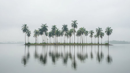 A tranquil island surrounded by calm water features tall palm trees, casting reflections under an overcast sky, perfect for relaxation and nature photography.の素材