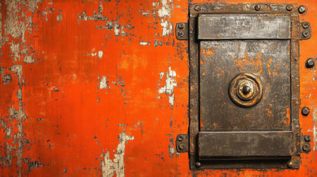 A close-up of a weathered orange door featuring a rusty lock and intricate details, showcasing urban artistry and vintage charm in stunning light.の素材