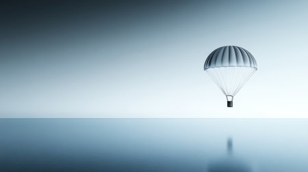 A minimalist image featuring a single parachute gently descending above a serene sea. The soft blue tones evoke peace and tranquility, perfect for themes of freedom and exploration.の素材