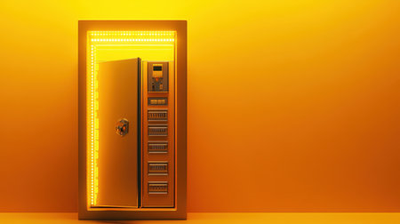 A modern bright yellow safe with an open door reveals an illuminated interior, suggesting hidden treasures and valuable items, reflecting wealth and security.の素材