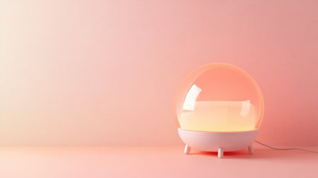A stylish round lamp emits a soft glow against a pastel pink wall, perfect for creating an inviting atmosphere in modern interior spaces.の素材