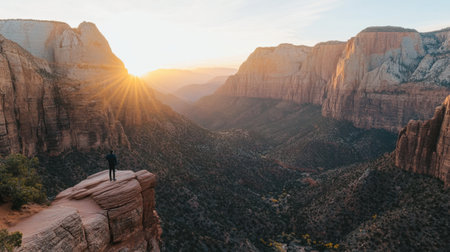 Experience the serene beauty of nature with a stunning sunset illuminating a vast canyon landscape, revealing majestic rock formations and endless adventure.の素材