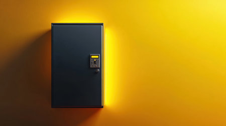 A sleek modern security safe set against a vibrant yellow wall, exemplifying contemporary design. Ideal for showcasing concepts of protection and storage.の素材