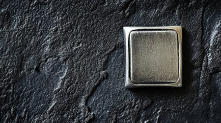 This image features a silver metal button set against a dark slate stone background, showcasing a striking contrast in texture and color for design projects.の素材