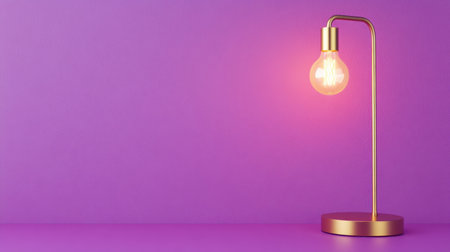 A sleek gold table lamp with a glowing bulb stands against a rich purple background, embodying modern elegance and vibrant interior design potential.の素材
