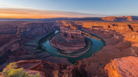 This stunning image captures the breathtaking Horseshoe Bend in Arizona during sunset, showcasing vibrant colors in the sky and the winding river below.の素材