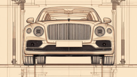 A striking blueprint illustration showcasing a luxury sedan car with intricate technical details. The design features clean lines, emphasizing the elegance and sophistication of the automotive engineering concept. Ideal for automotive enthusiasts and design inspiration.の素材