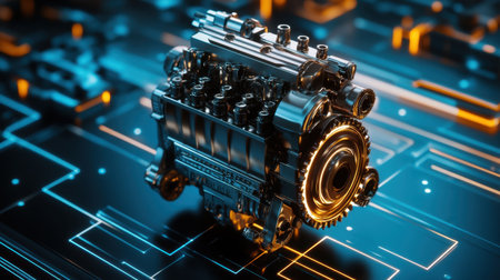 This striking graphic showcases a futuristic engine design surrounded by a vibrant neon circuit background, representing advanced technology and innovation in engineering.の素材