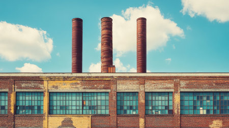 Vintage industrial building featuring rusty smoke stacks under a clear blue sky. The brick exterior showcases a rich historical atmosphere with character.の素材