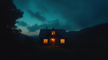 A serene cabin nestled in the mountains during dusk, illuminated by warm light from its windows, surrounded by a dramatic sky and tranquil nature.の素材