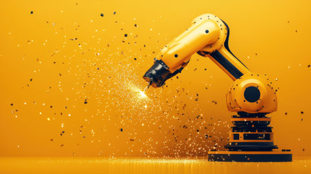 A vibrant image of a robotic arm engaged in precise movements against a striking yellow backdrop, showcasing innovation in automation and engineering.の素材