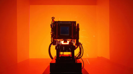 A striking vintage camera setup is showcased amidst an orange glow, with sparks flying dramatically, highlighting creativity and innovation in photography.の素材