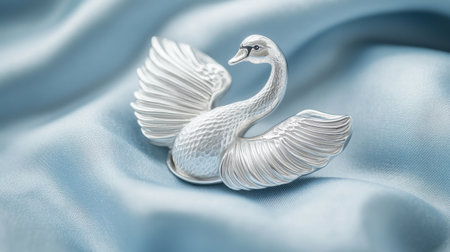 This stunning silver swan brooch rests gracefully on soft blue silk fabric, showcasing exquisite craftsmanship and timeless elegance. Ideal for fashion lovers.の素材