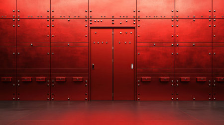 This striking image features a bold red wall with a central door, complemented by industrial elements and a minimalist design, perfect for creative projects.の素材