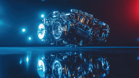 This striking image showcases a high-tech engine in a futuristic style, featuring reflective surfaces and vibrant neon lighting. Ideal for technology themes.の素材