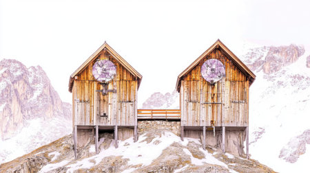 Discover the beauty of two charming wooden cabins nestled on a snowy mountain peak, offering a serene escape in a breathtaking landscape.の素材