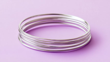 A collection of sleek silver wire bangles elegantly arranged against a soft purple background. Perfect for showcasing style and simplicity in jewelry design.の素材
