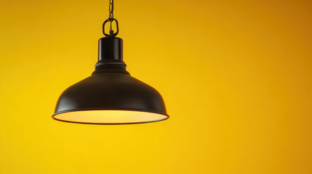 A sleek black metal pendant light hangs elegantly against a vibrant yellow background, creating a warm and inviting ambiance ideal for modern spaces.の素材