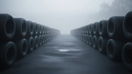 A captivating image of a quiet road flanked by neatly stacked black tires, enveloped in a soft mist, creating a serene and atmospheric scene.の素材