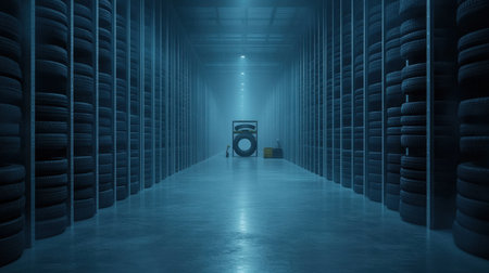 A spacious tire storage warehouse illuminated by industrial lighting, showcasing a clean layout ideal for automotive needs and vehicle maintenance.の素材