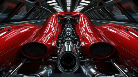 A striking high-detail view of a sleek sport car engine showcased in a futuristic garage, featuring a glossy red exterior and industrial elements.の素材
