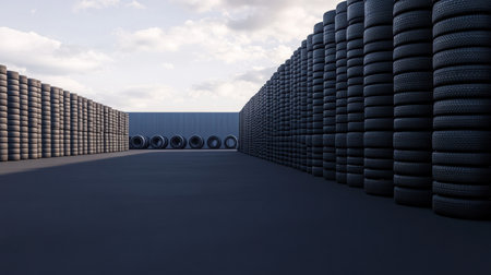 A serene view of an industrial tire storage facility showcasing neatly stacked tires against a clear sky, emphasizing organization and space.の素材